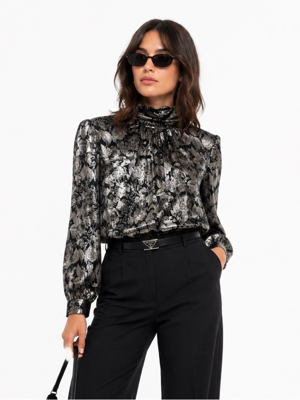 Lauren Lee Metallic Floral Mock Neck Blouse Size 10 Vintage Statement Top